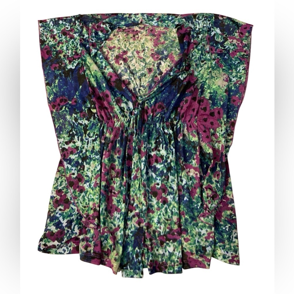 Suzy Shier Abstract Floral Mesh Top - Purple/Green Babydoll Empire Waist - L